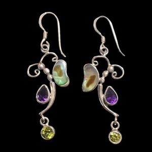 Amethyst, Abalone Shell & Peridot Sterling Silver Dangle Earrings